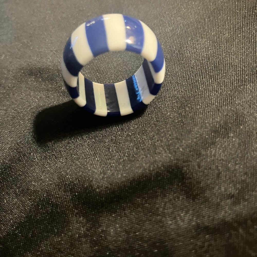 Blue and White Bakelite Striped Ring